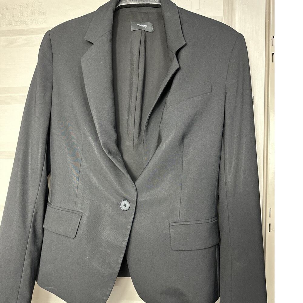 Theory Stretch Wool Blend One Button Tailored Blazer Black Workwear Jacket 2 USA